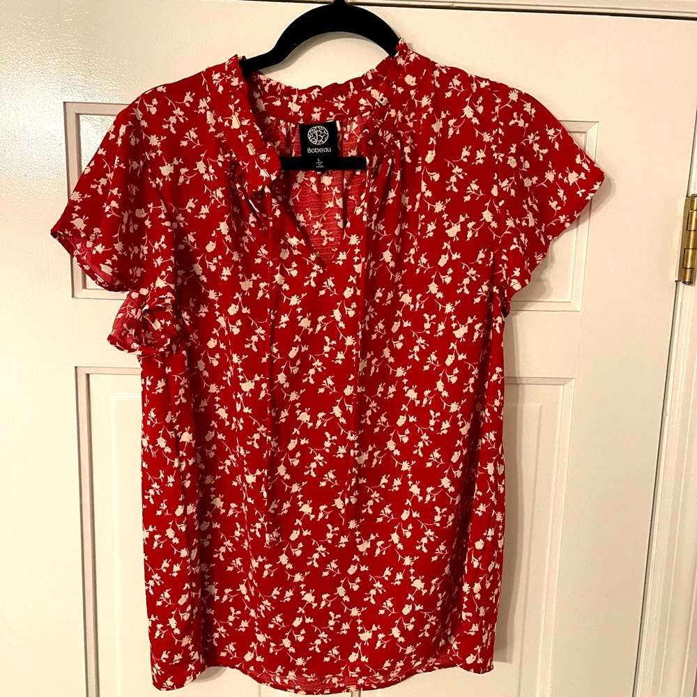Red floral flutter sleeve blouse